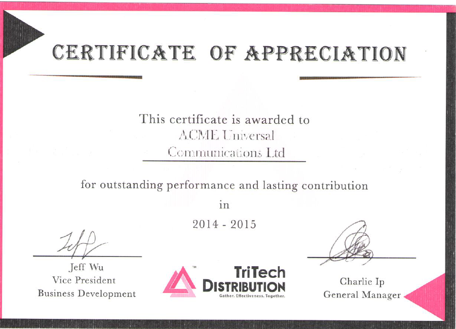 ACME is awarded the “Outstanding performance and lasting contribution 2014 – 2015” by the TriTech Distribution